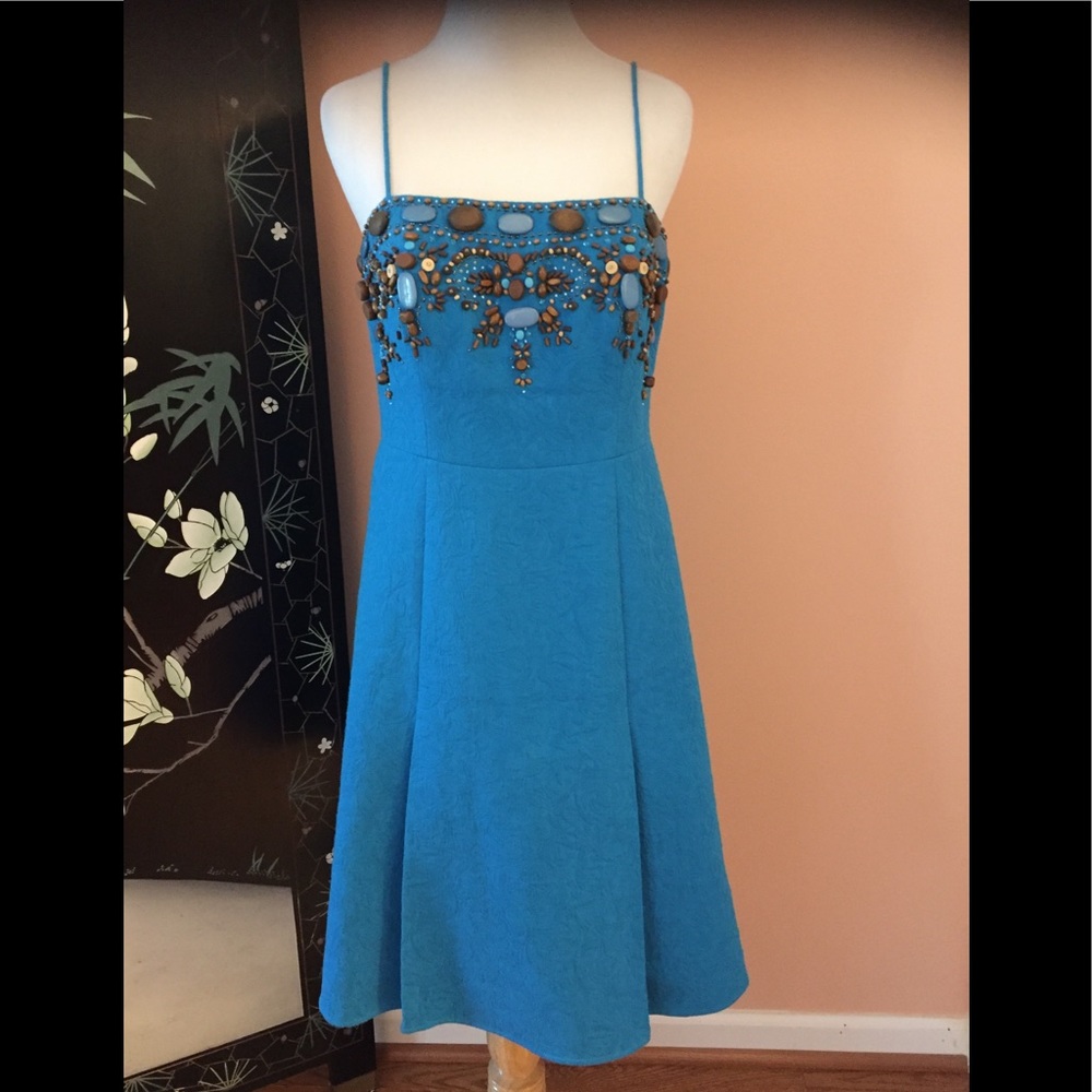 Chetta B~Wooden Bead Embellished Fit & Flare Dress